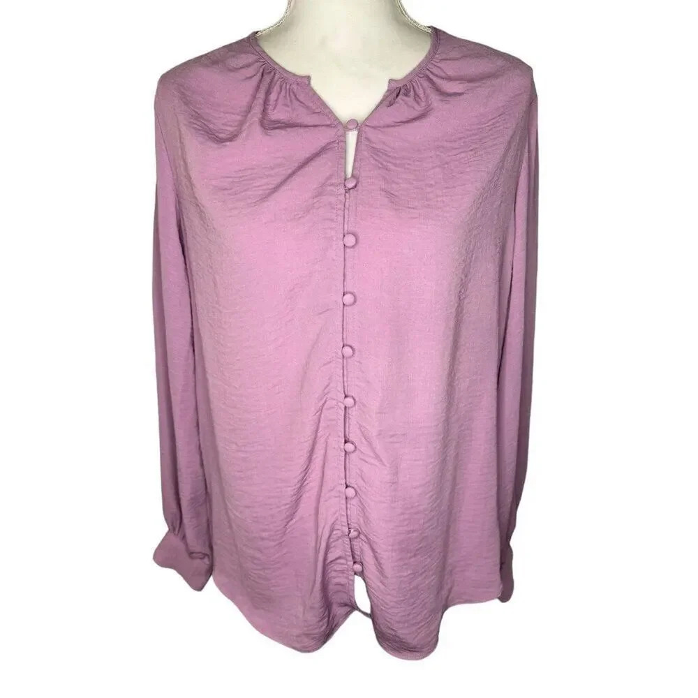 Nine West Women's Medium Lilac Purple Button Front Balloon Sleeve Tunic EUC